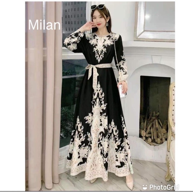 Gamis bangkok mayung ori motif corak mewah lengan balon bahan katun sutra import merk fashion