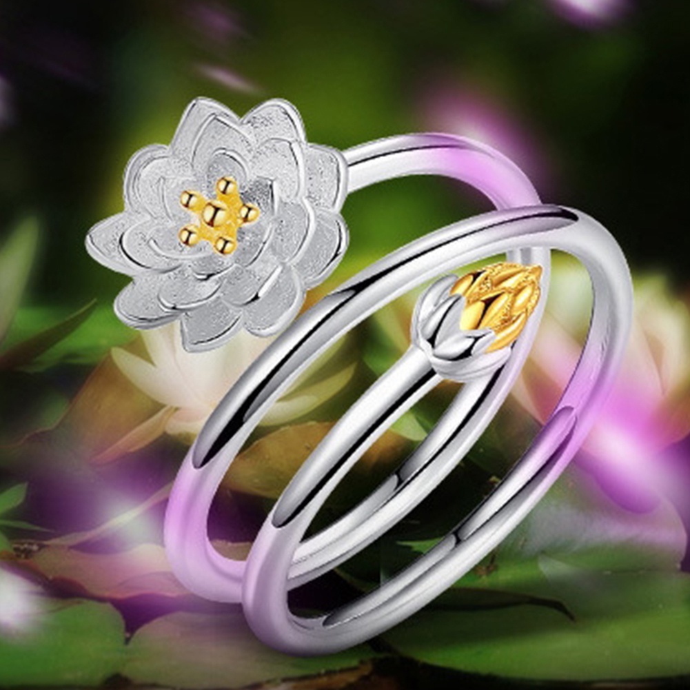 Huluboy Cincin Model Terbuka Desain Bunga Teratai Gaya Elegan Adjustable Untuk Pengantin Wanita