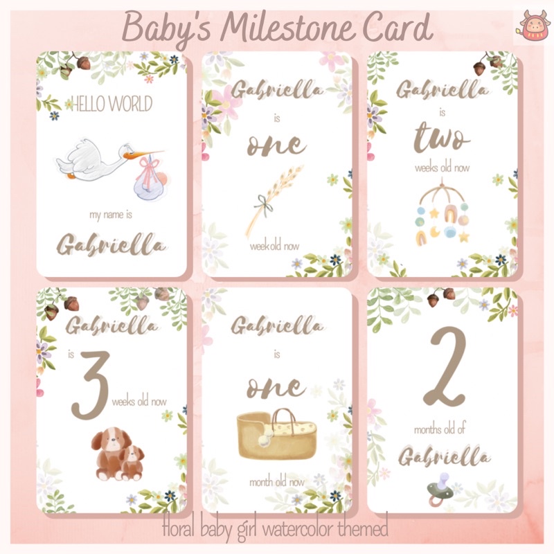 Baby milestone card baby girl premium watercolor floral theme free custom name