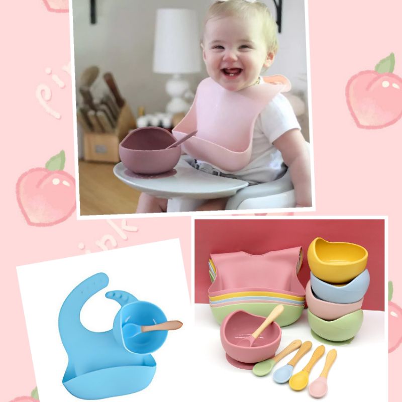 Free Sendok - Peralatan Makan Bayi Silikon Set Celemek Mangkok Waterproof Anti Slip/ Baby Slabber Bib