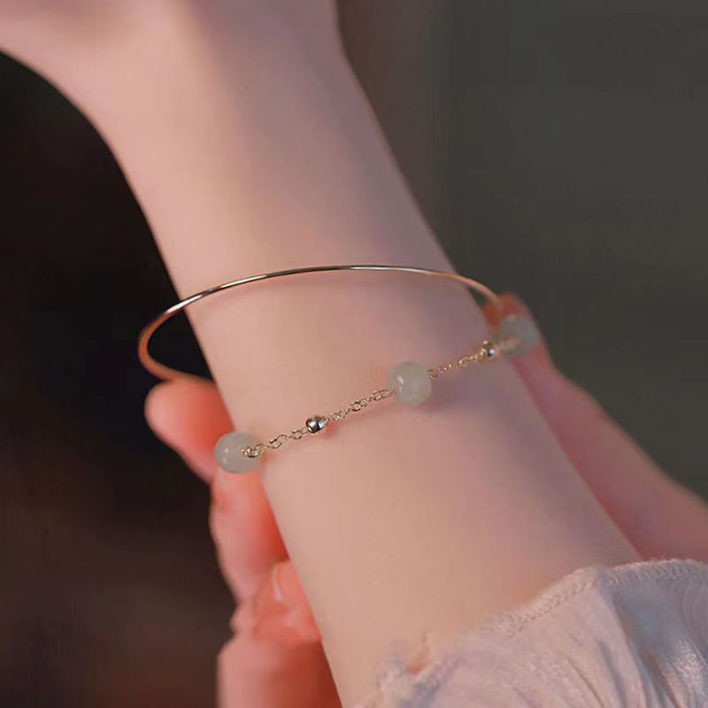 Gelang Manik-Manik Giok Hetian Hijau Opal Model Lapis Ganda Gaya Vintage Korea Untuk Wanita