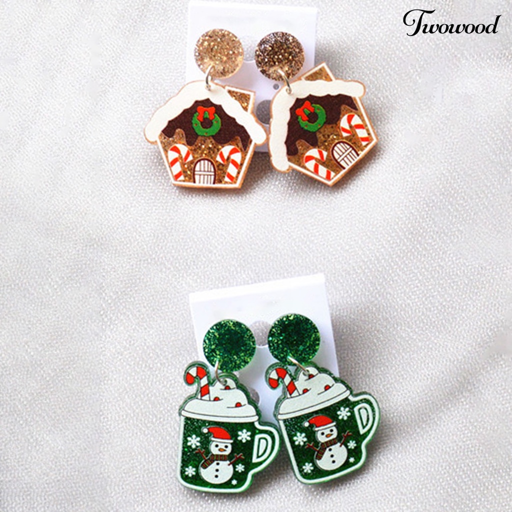 1 Pasang Anting Stud Desain Rumah Natal Aksen Glitter Untuk Wanita