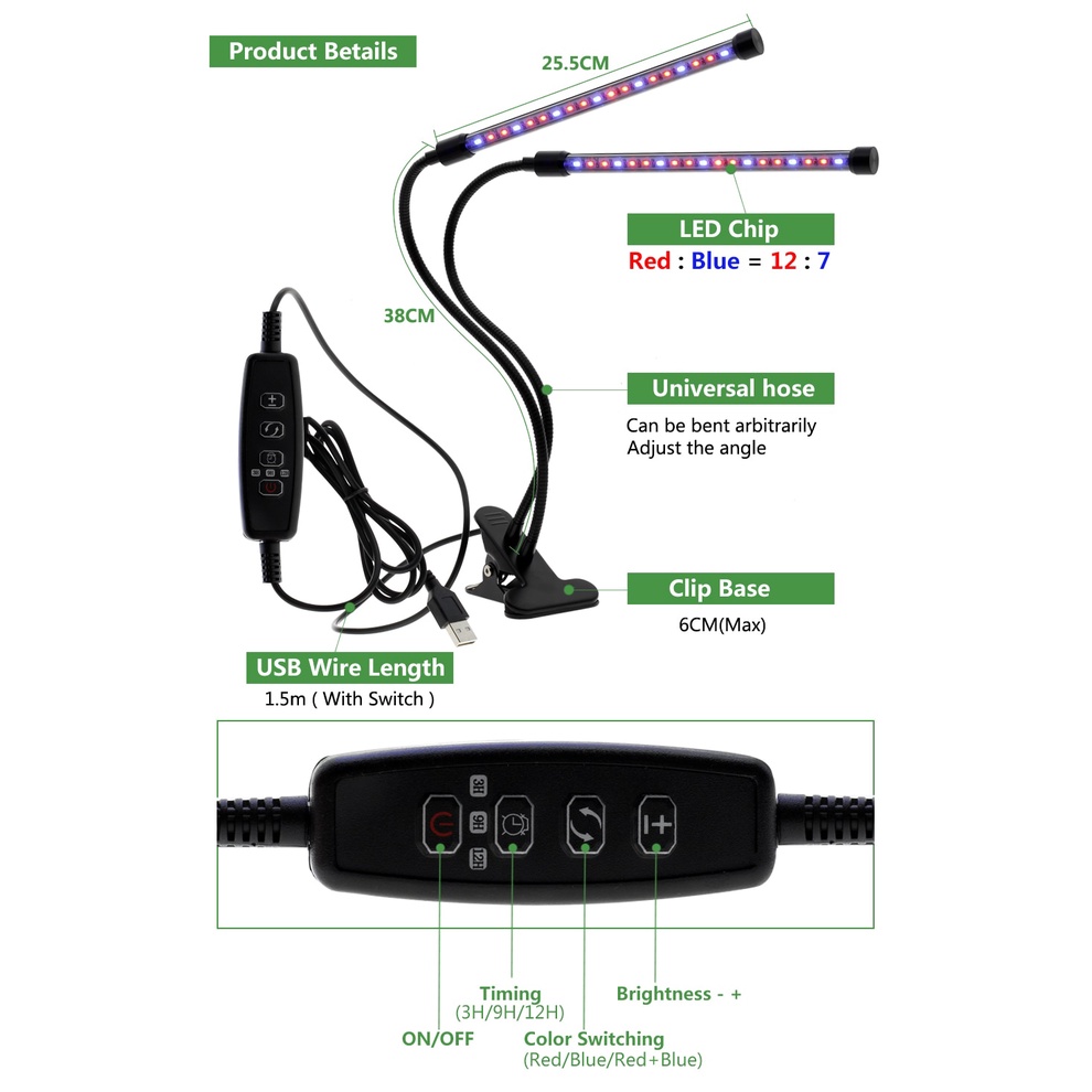 Goodland Lampu LED Tanaman dalam ruangan matahari buatan agar tetap hidup dengan timer Phytolamp Fitolamp Timer 3 Kepala - GL35 fotosintesis Grow Light USB Phyto Lamp Full Spectrum Fitolampy With Control For Plants Seedlings Flower Indoor Fitolamp Grow