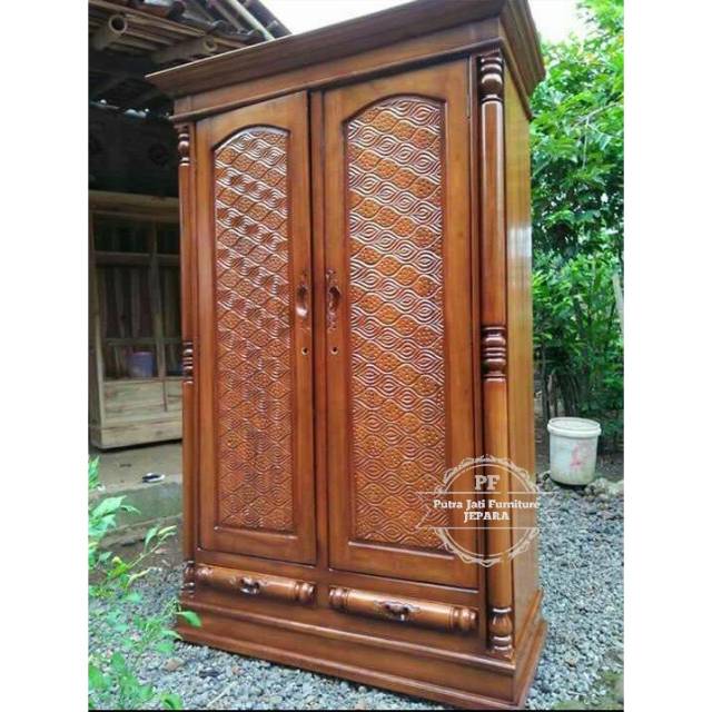 Almari Pakaian Ukir Kayu Jati, Lemari Pintu 2 Full Kayu Jati Ukir Jepara Murah Promo