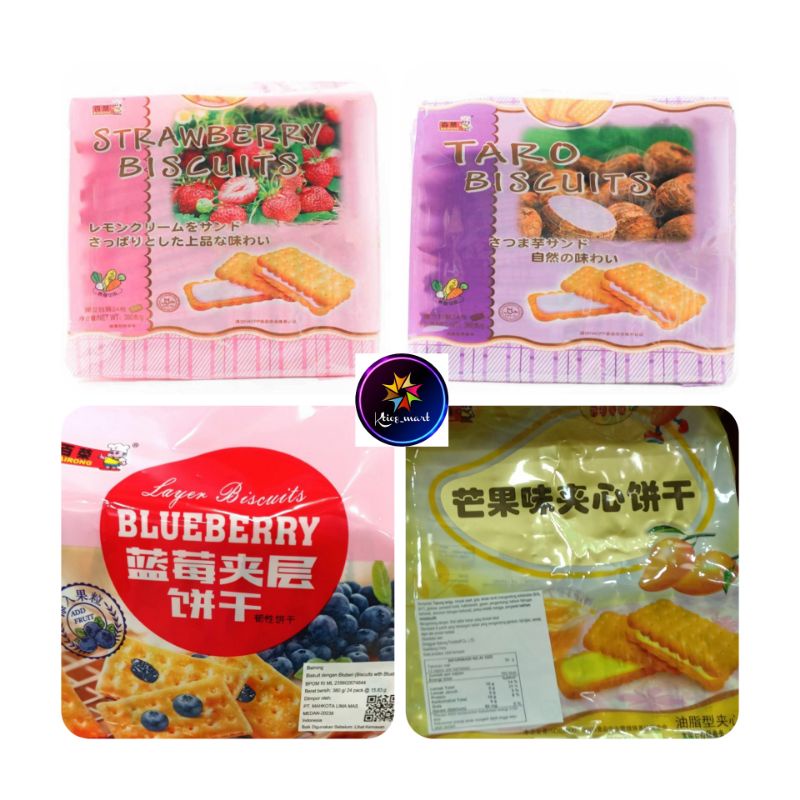 

Bairong Biscuit Cream Sandwich 360gr Strawberry/Taro/Blueberry/Mango/import