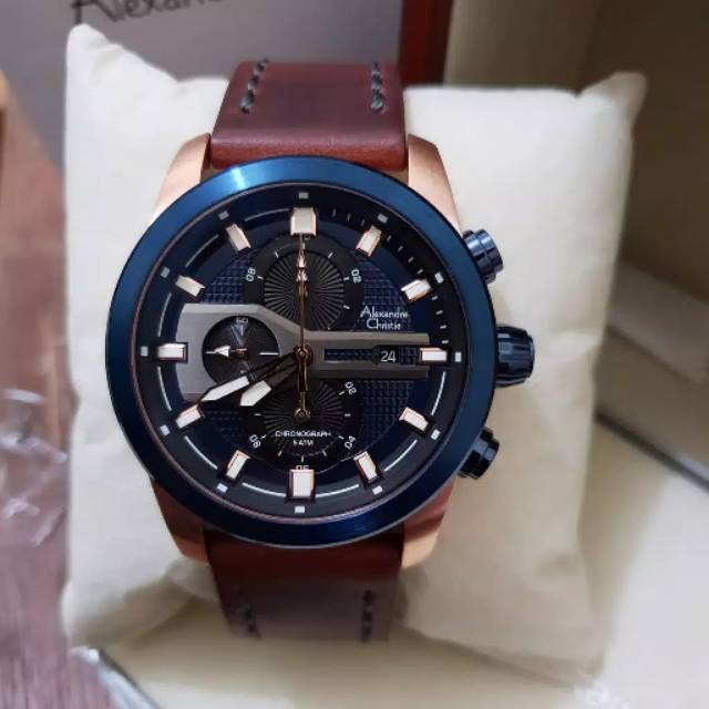 Alexandre Christie AC6270 Pria Original Tali Kulit Coklat Rose Biru