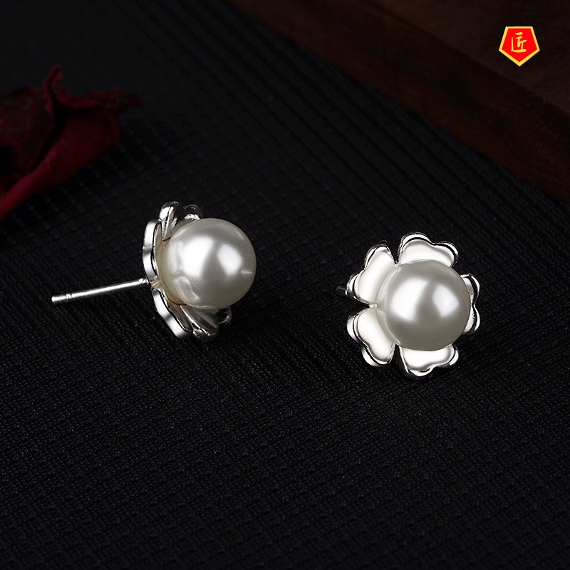 [Ready Stock]Korean Style Elegant Flower Pearl Stud Earrings High-End