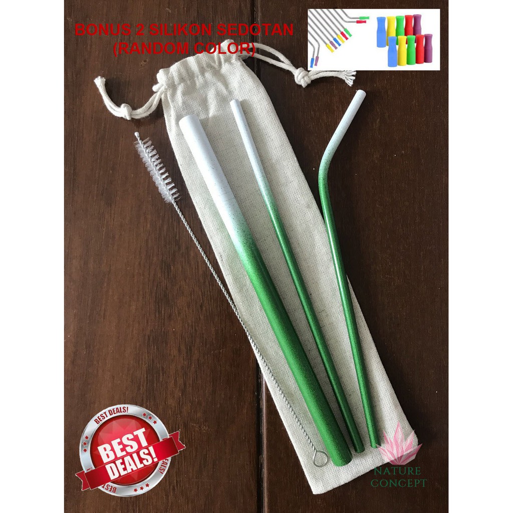 Stainless Steel Straw Sedotan Minuman 2 Warna Two Tone (SET 5 in 1) Terbaru BONUS 2 SILIKON SEDOTAN