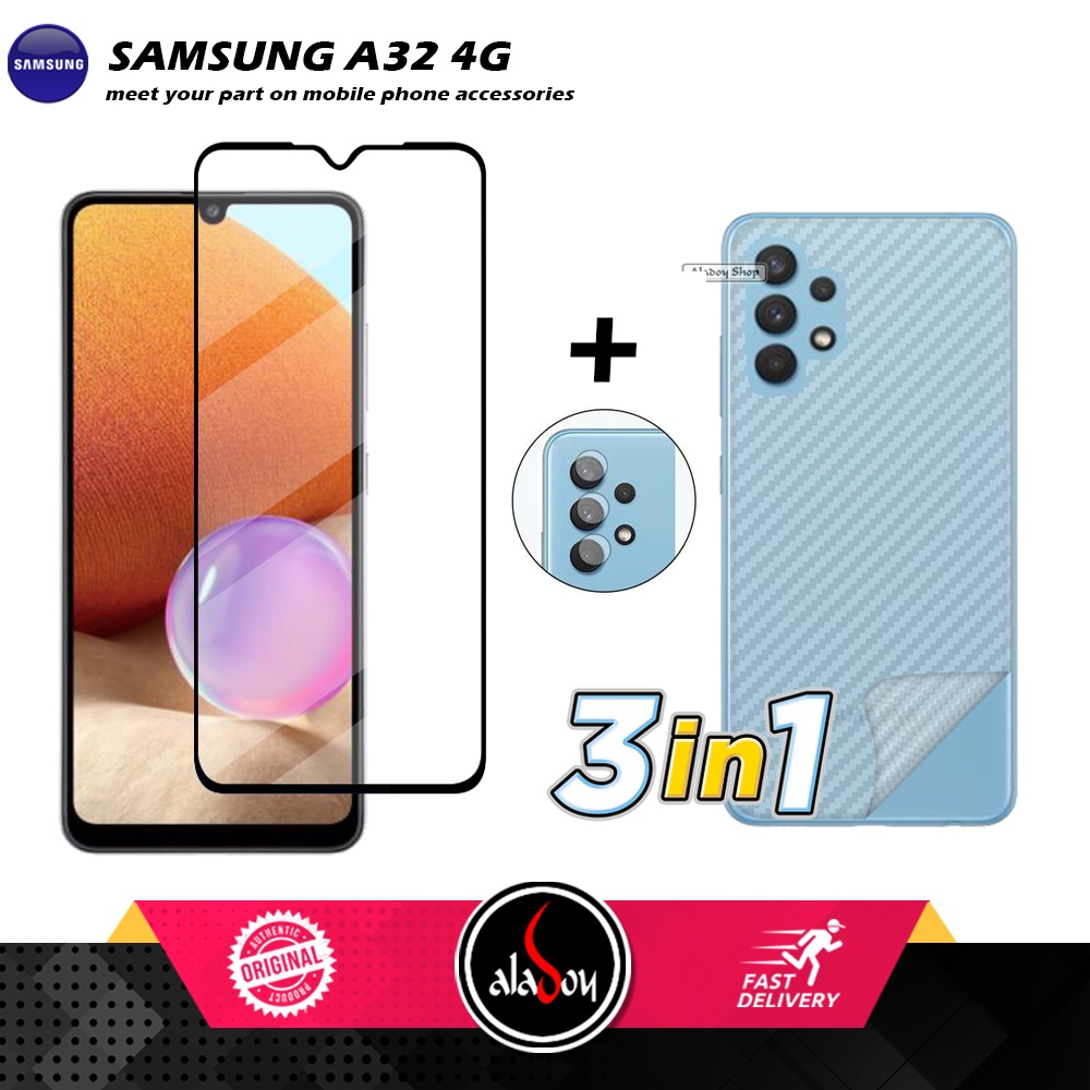 PAKET 3 IN 1 Tempered Glass Layar Samsng A32 4G Free Tempered Glass Camera dan Skin Carbon