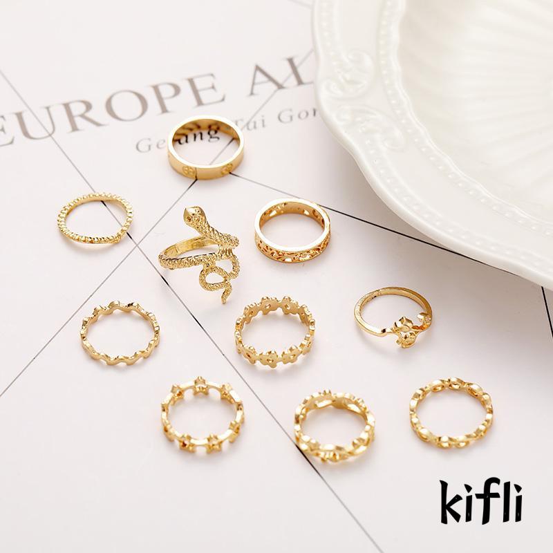 10pcs / Set Cincin Bentuk Ular Pentagram Gaya Simple Kreatif Untuk Wanita