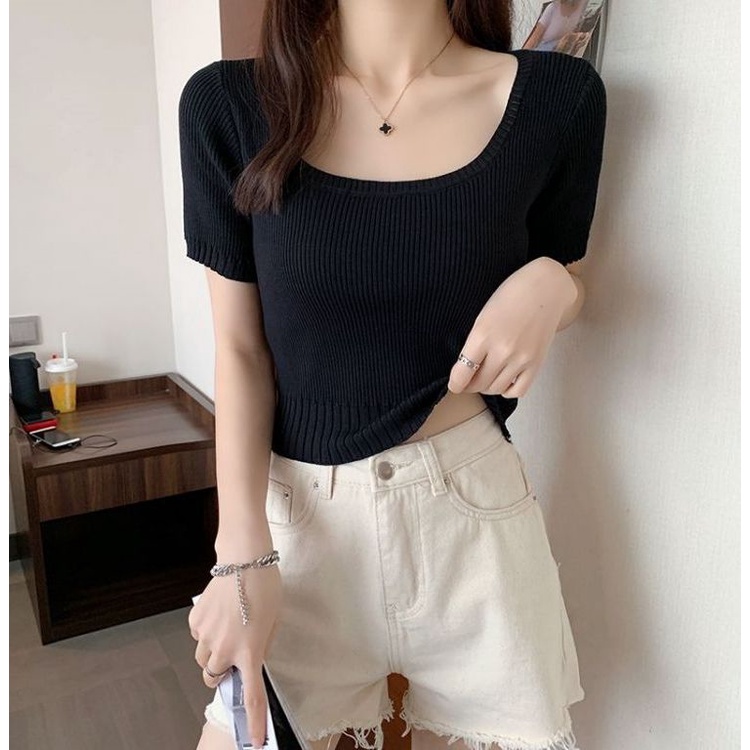 #Sisjuly# Musim Semi Putih Kemeja Wanita Gugur dan Musim Dingin Memakai Batin Tipis Ketat Square Kerah Lengan