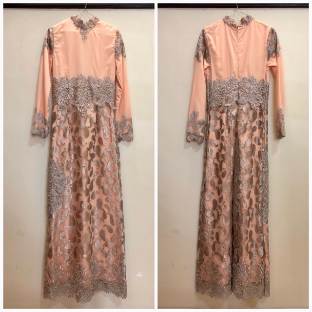 Gamis Gaun Pesta Muslim Premium Brokat Satin Peach
