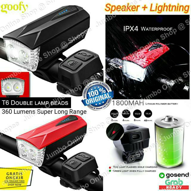 GOOFY Lampu Sepeda LED Rechargable Cree T6 360Lumens Klakson DT-6105C