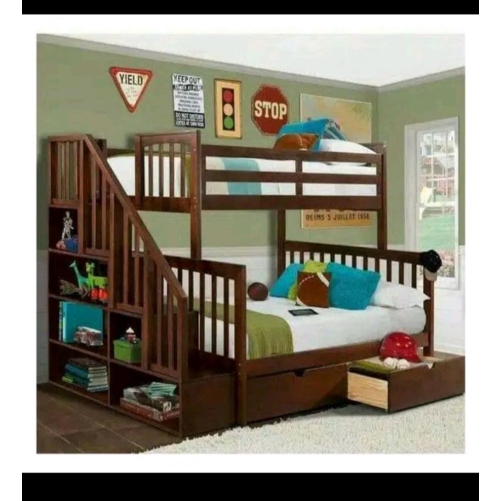 tempat tidur tingkat Queen size +rak buku size kasur 90x200 bawah 120x200cm