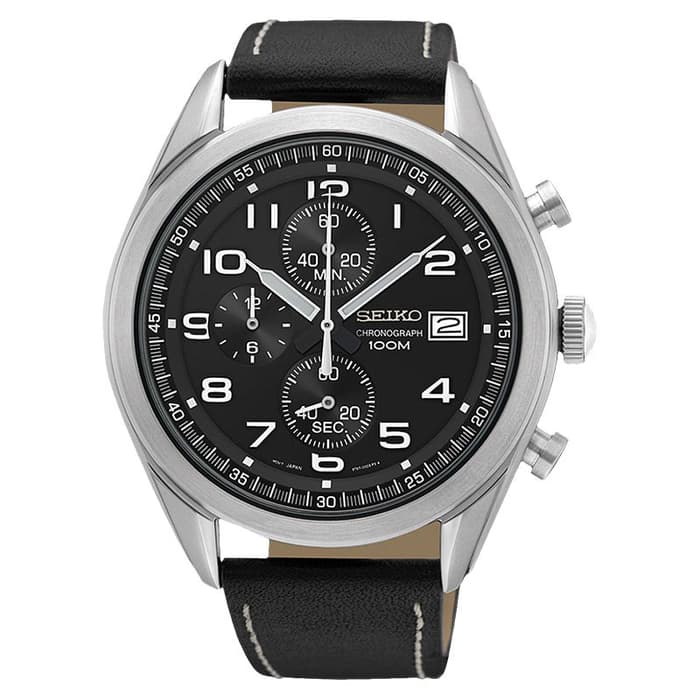 Seiko Chronograph SSB271P1 Men Watch Black Dial Black Leather Strap