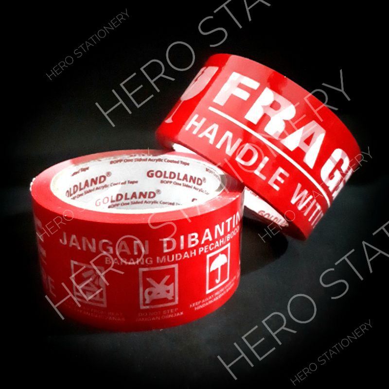 

Lakban selotip tape motif logo fragile handle with care jangan dibanting 2 inch merah . 1 roll