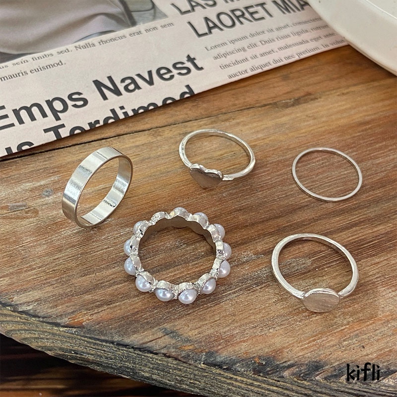 5 Buah/Set Fashion Geometris Twist Mutiara Cincin Set,Pembukaan Dapat Disesuaikan Kepribadian Ekor Cincin,Jari Kombinasi Wanita Perhiasan Aksesoris