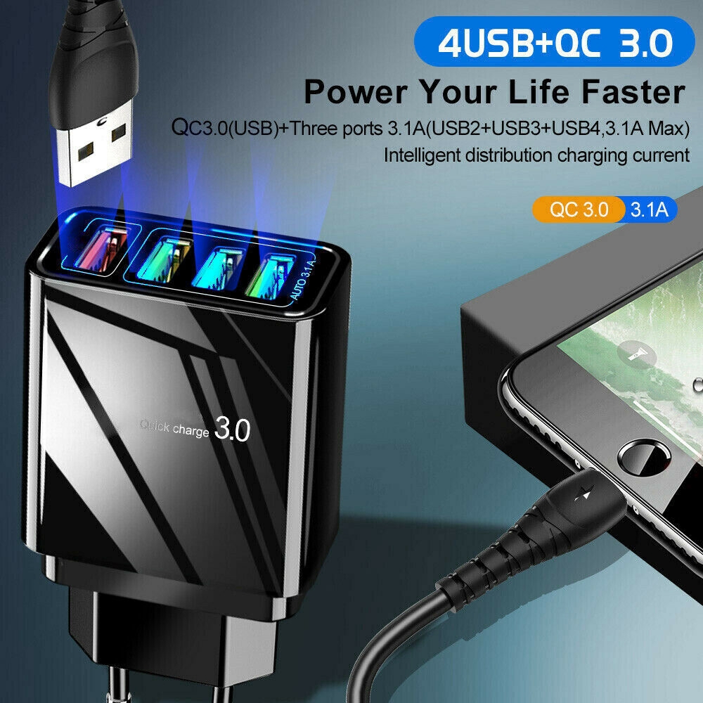 4Ports QC3.0 Fast Quick Charge USB Hub Wall Charger Power Adapter US EU Plug