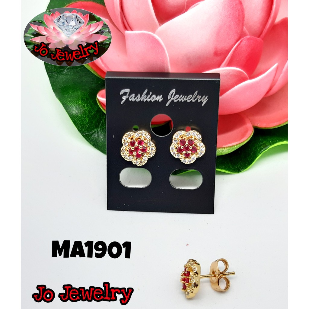 Anting stud tindik xuping bunga merah gold