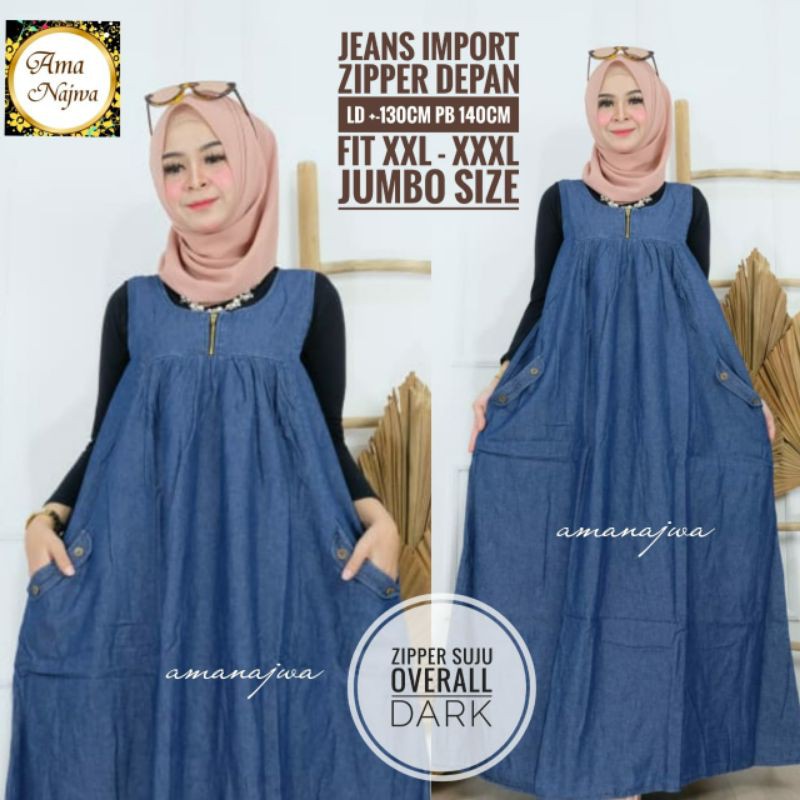 OVERAL JEANS SUJU JUMBO LD 130 BAHAN JEANS WASHED OVERAL JUMBO BY AMA NAJWA