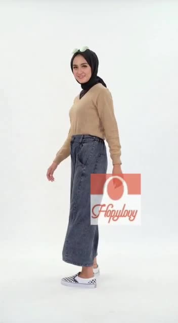 HOPYLOVY Celana Kulot Jeans  Wanita Snow Black Mozeta 