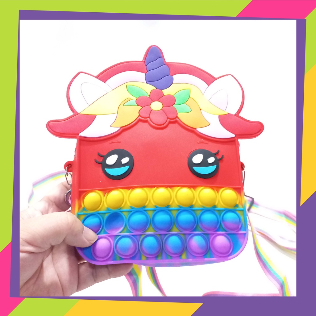 1677 / Tas slempang anak sling bag pop it Hp / Dompet pop it Rainbow Unicorn &amp; Melody