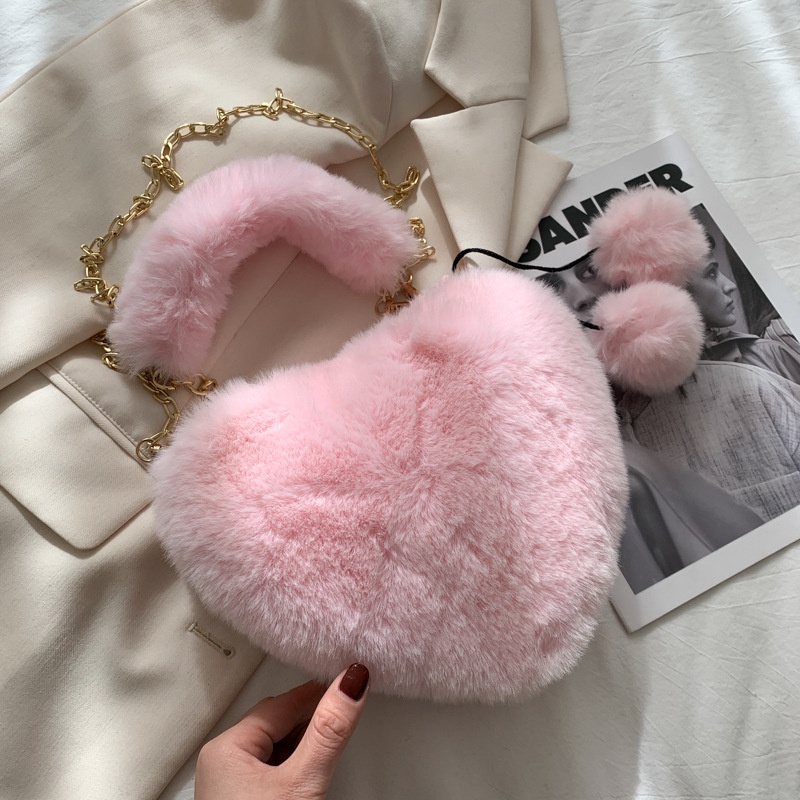 [littlecrab] Tas Wanita Love Pegangan Bulu Pom-Pom Lembut Tas Lucu Lembut Cute Love Bag Berkualitas Korean Style