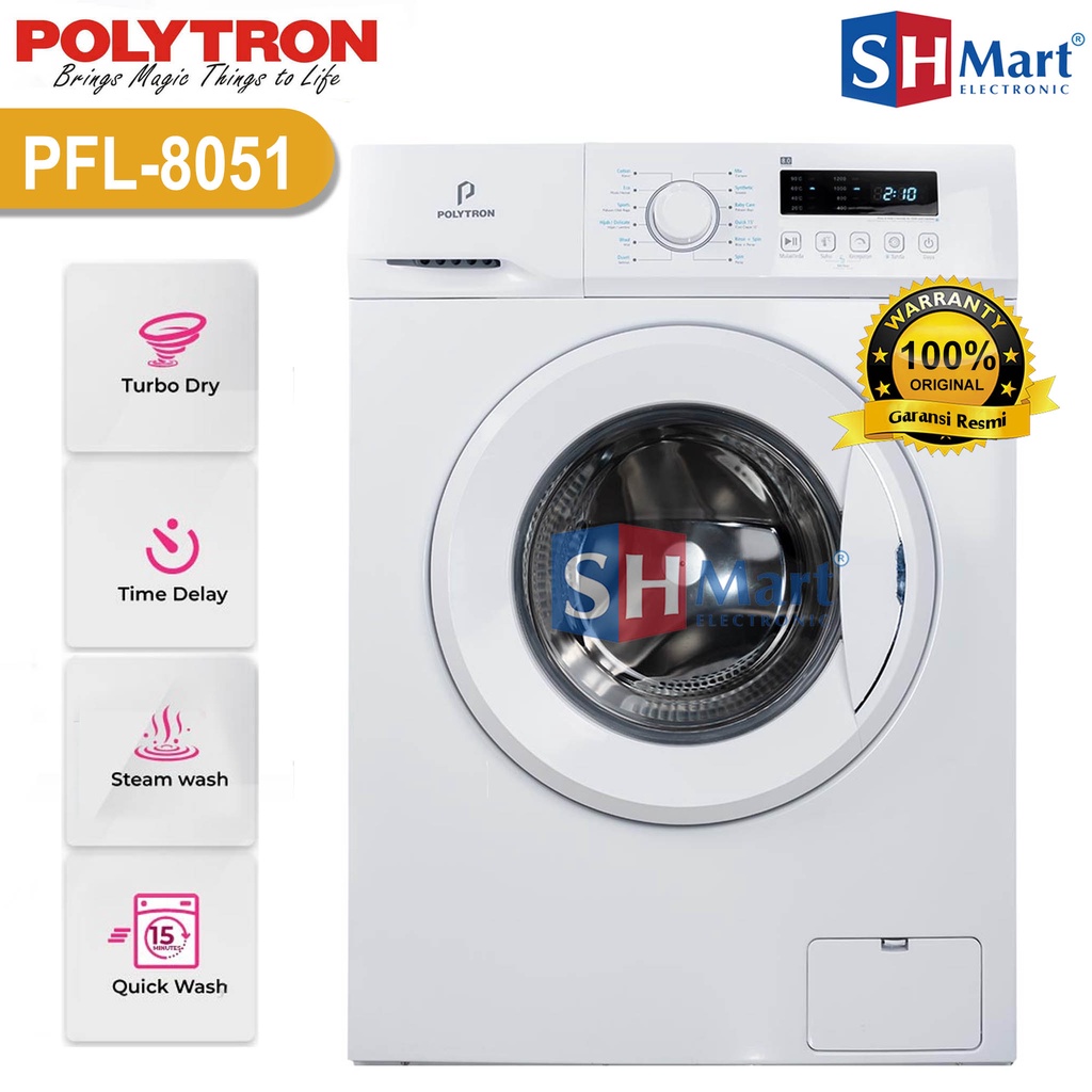 MESIN CUCI POLYTRON FRONT LOADING 8 KG PFL-8051 WITH STEAM WASH GARANSI RESMI