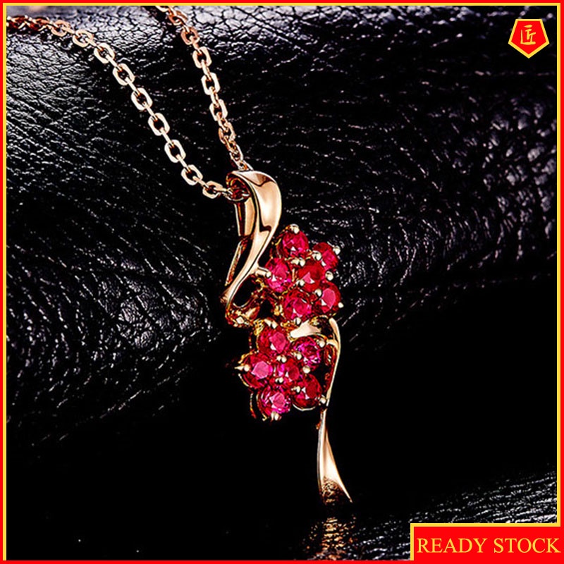 [Ready Stock]Ruby Flower Pendant 18K Rose Gold Elegant Fashion