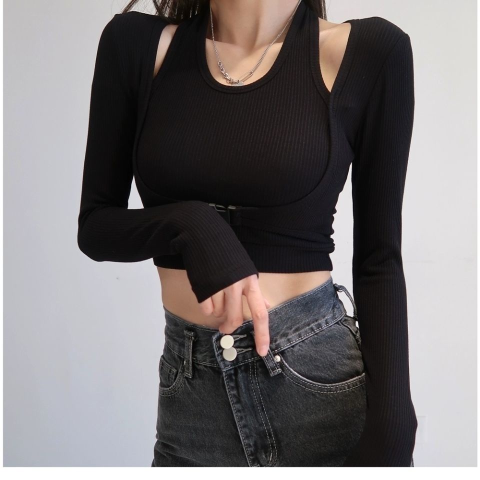 Suhao Palsu Eropa dan Amerika Lengan Panjang T-Shirt Wanita Warna Murni Pendek Slim Fit Murni Keinginan Slim Fit Mesin Pakaian Dalam Slim Fit