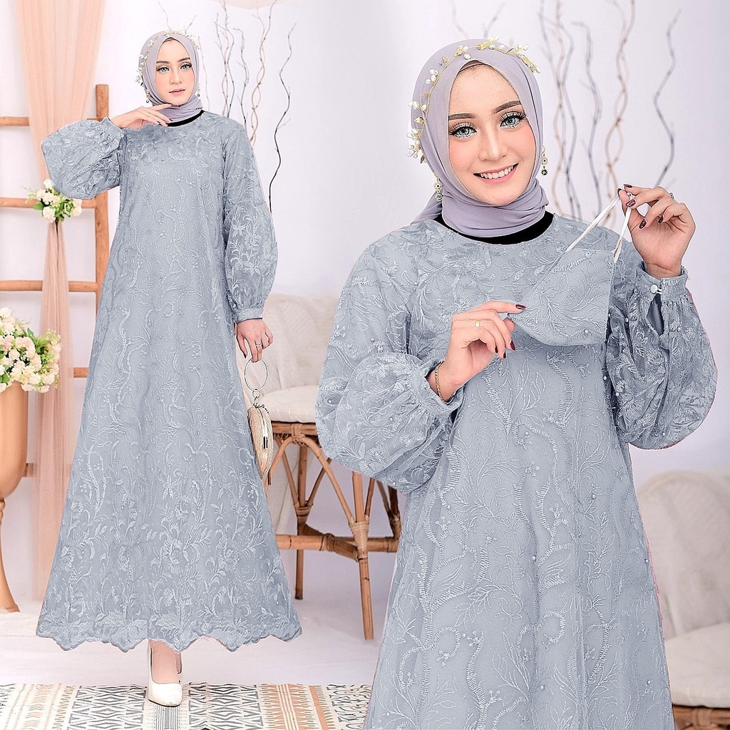 Aruni Gamis Terbaru Full Brukat Tile Mutiara Lebaran Maxi Dress Pesta Bridesmaid Kondangan Size Jumbo