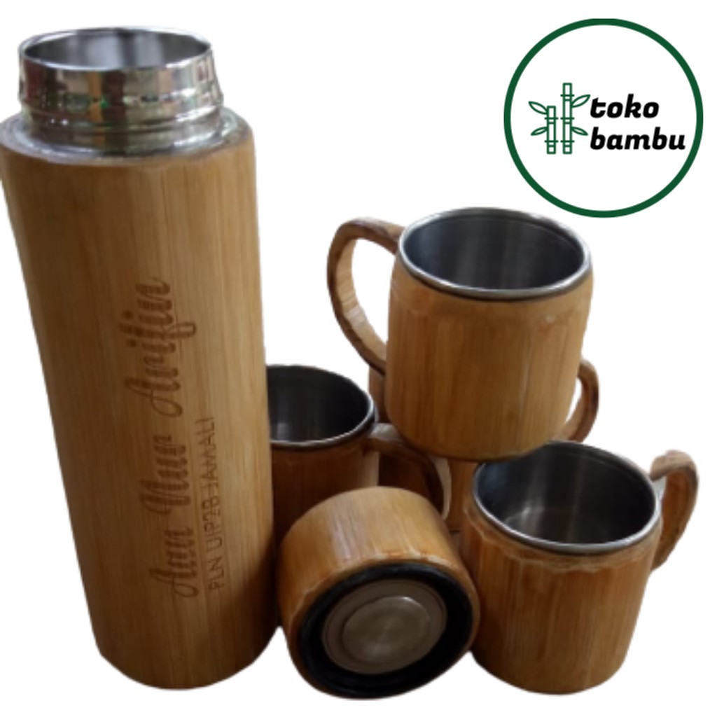 Gelas Cangkir Set Mug Bamboo Dan Tumbler Botol Minum Termos Stainless Custom Grafir Nama/Logo