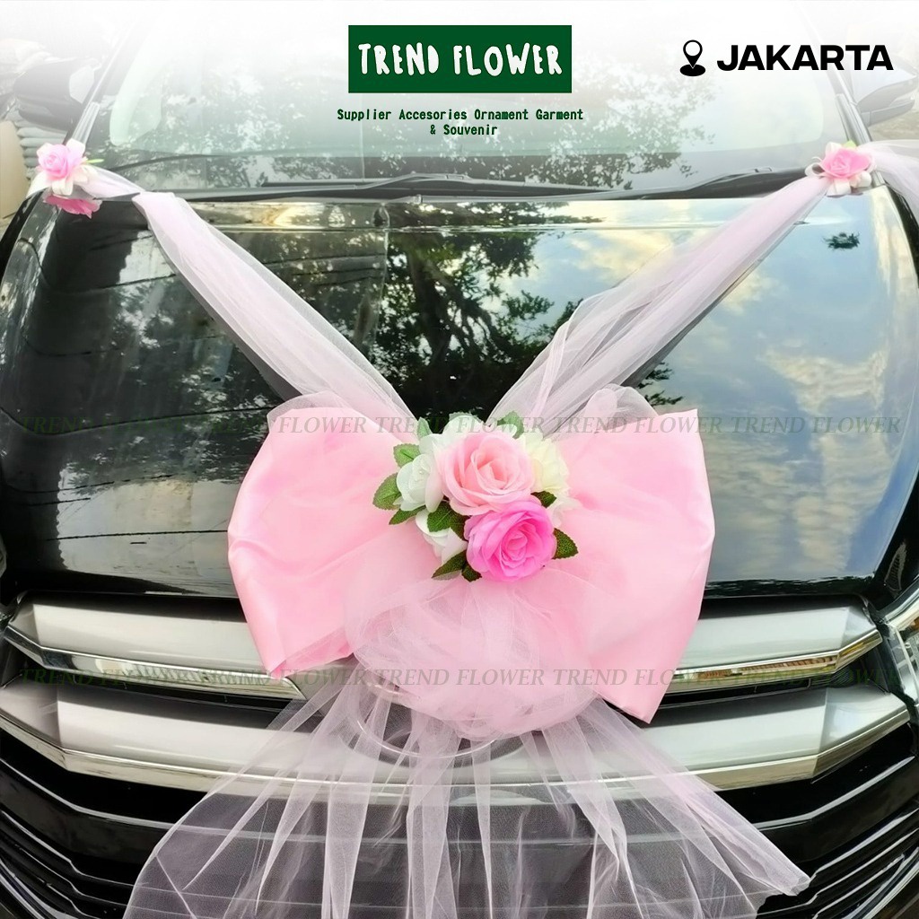 Dekorasi mobil pengantin pernikahan bunga + kain tille karangan bunga kap mobil dekorasi pernikahan 