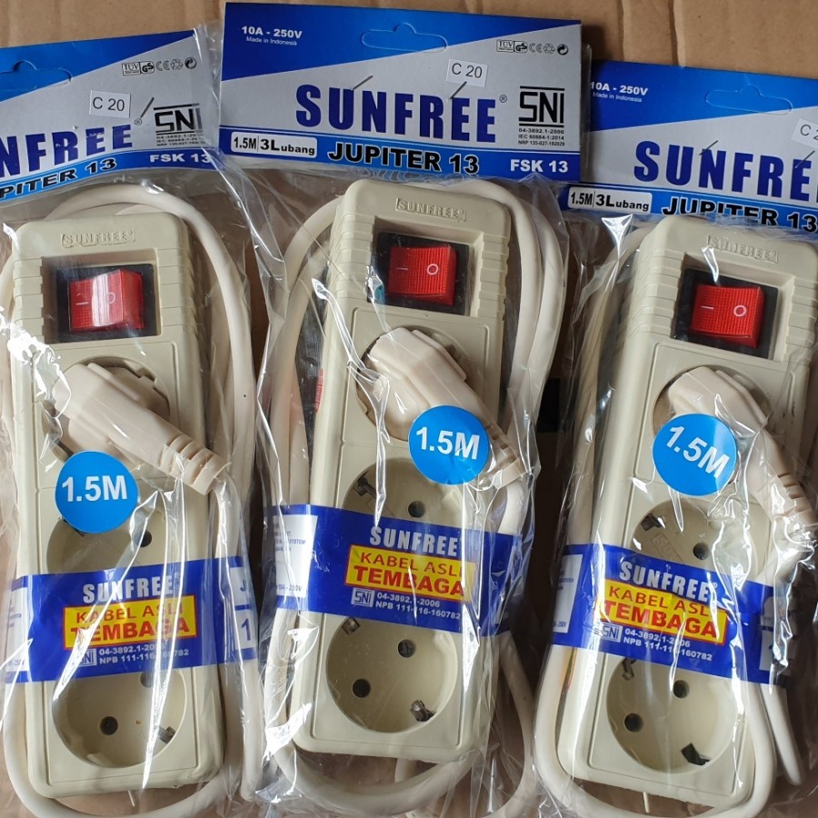 SUNFREE Jupiter 1.5M - 2, 3, 4, 5 Lubang Colokan Stop Kontak + Saklar