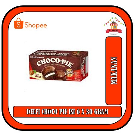 

DELFI ORION CHOCO PIE DARK BOX ISI 6 x 30 GRAM 180 GRAM LEMBUT COKLAT DENGAN CACAO