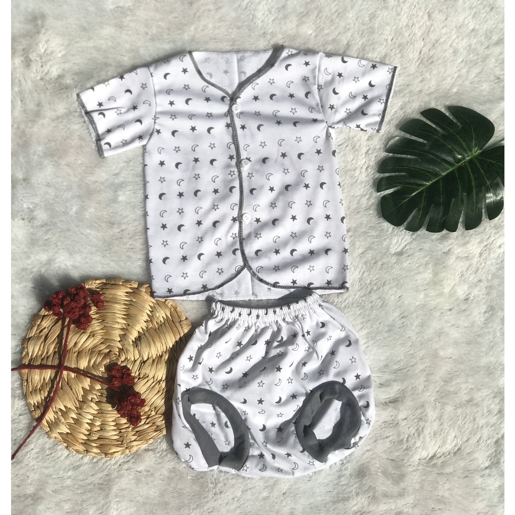 Setelan Baju Bayi Tangan Pendek Celana Pop Warna Putih Newborn Umur 0 - 6 Bulan