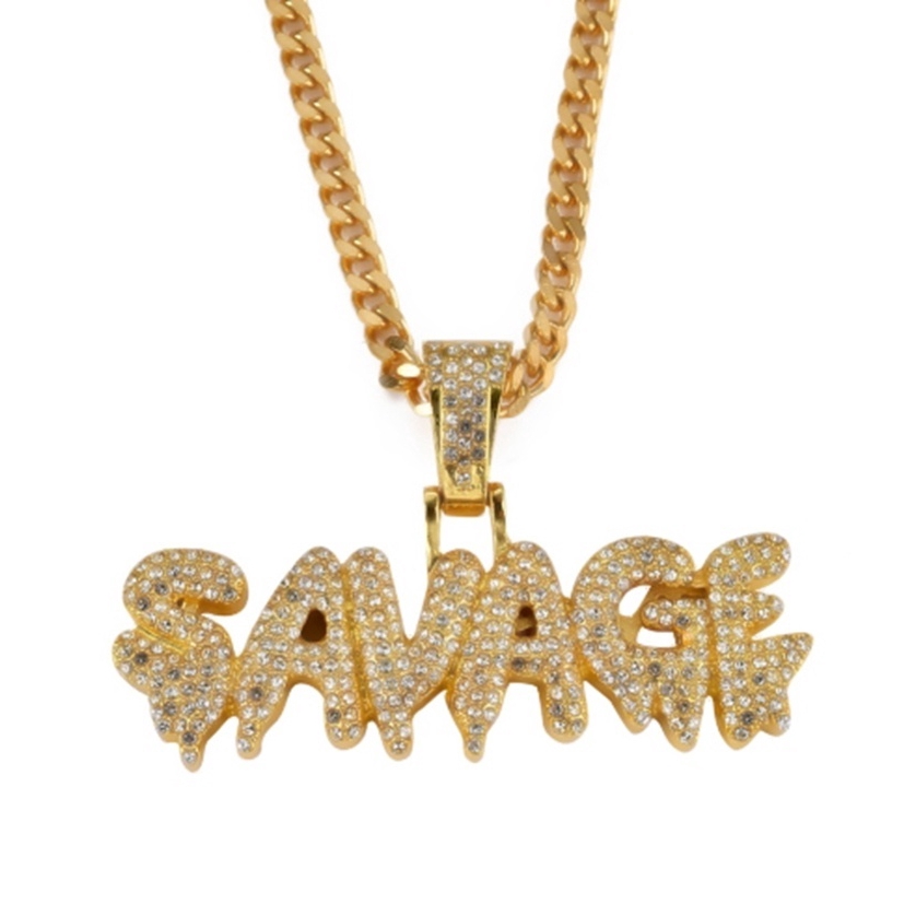 SEUSUK Hip Hop Brass Gold Chain Miniature Pavé Cubic Zircon SAVAGE Pendant Necklace Charm Men's Gift