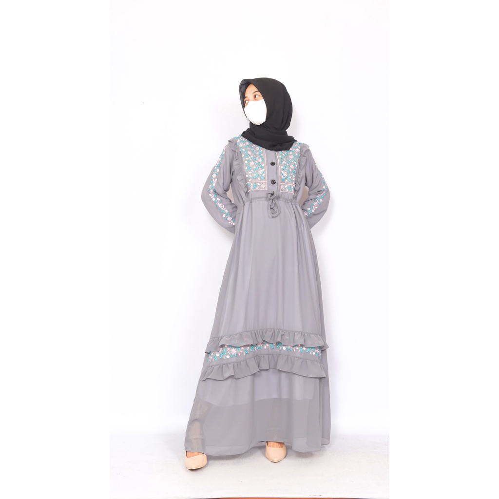 Dress ceruty wanita motif bordir - gamis lebaran - dress wanita muslimah/Baju kekinian