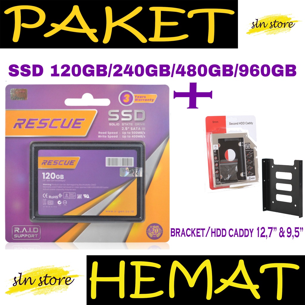 PAKET HEMAT SSD 120GB 240GB 480GB 960GB V-GeN RESCUE + HDD CADDY 9.5mm / 12.7mm SATA III 2.5&quot; Vgen 128GB 256GB 512GB 1TB