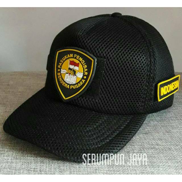 TOPI PURNA PASKIBRAKA 3PATCH- TOPI PENGIBAR BENDERA JARING VELCRO HITAM - PPI
