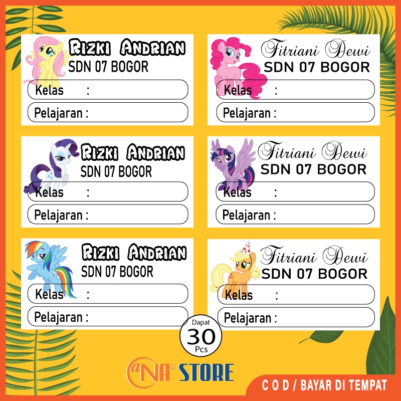 

Stiker label nama buku pelajaran sekolah karakter My little Pony