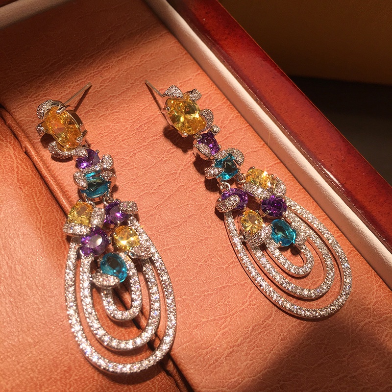 Fashionable Temperamental All-Match Colored Diamond Water Drop Earrings