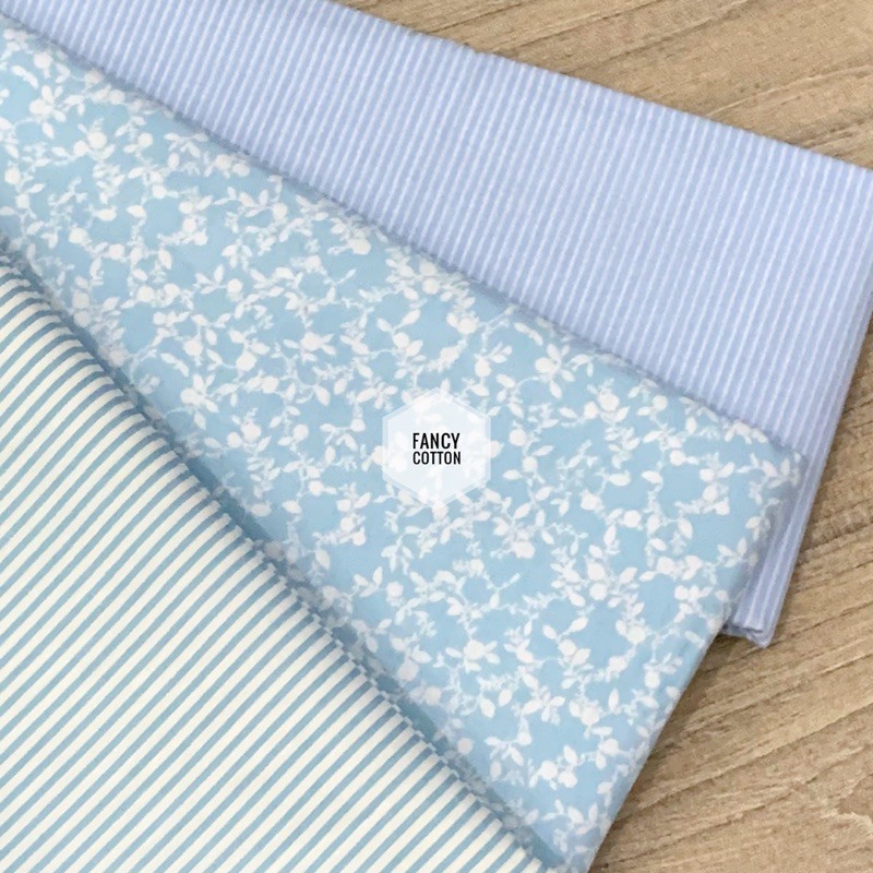 kain katun jepang motif fancy matching bunga putih biru muda