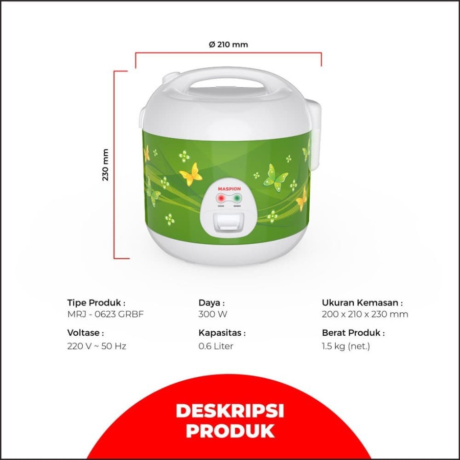 MASPION Magic Com 0,6 Liter / Rice Cooker Mini 0,6 Liter MRJ 0623 - Garansi Resmi 1 Tahun