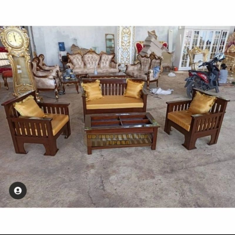 Sofa kursi ruang tamu + busa bantal bahan kayu jati model simpel minimalis