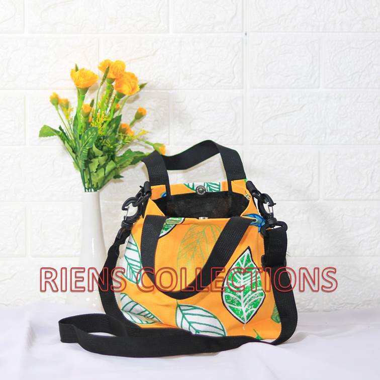 SLING BAG TAS SELEMPANG KANVAS MOTIF DAUN NAGKA KUNING RIENS COLLECTIONS. TAS KANVAS JOGJA