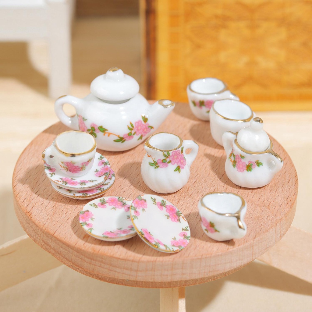 Suyo 11pcs Set Cangkir Teh Porselen Kit Dengan Lis Emas Motif Bunga Dekorasi Rumah1Per6 1per1/12 Miniatur