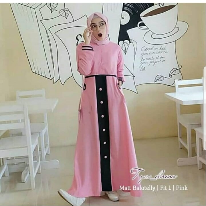 Fashion Wanita: Long Dress Muslim Lengan Panjang dengan Kancing, Warna Polos