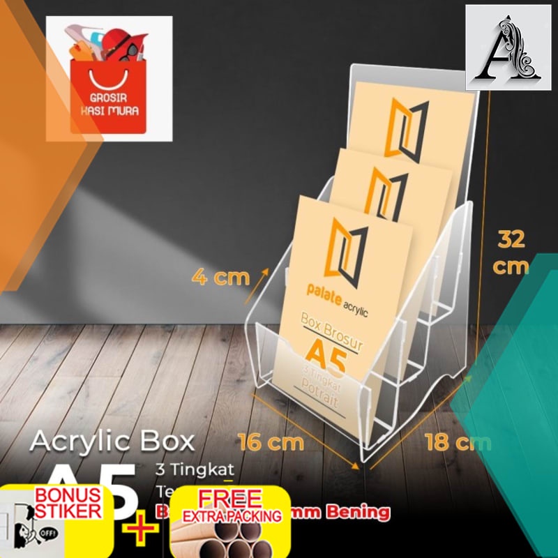 Grosir TEMPAT BROSUR A5 3 SUSUN /AKRILIK RAK BROSUR A5 3 LAYER TERLARIS 3MM