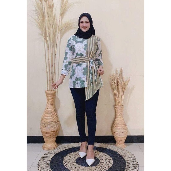tey-17 Batik wanita ASJ SA HRB026 Kenongo Kemeja Tosca Pendek-Dapel Hijau